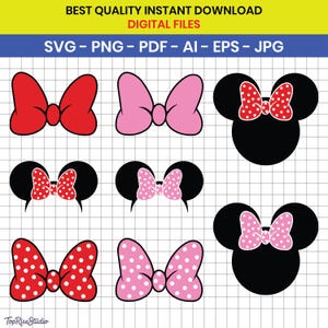 May include: Digital file set featuring Minnie Mouse-themed designs. Includes red and pink bows, some with white polka dots, and black silhouettes of Minnie Mouse's head with bows and ears. Text at the top reads "BEST QUALITY INSTANT DOWNLOAD DIGITAL FILES".