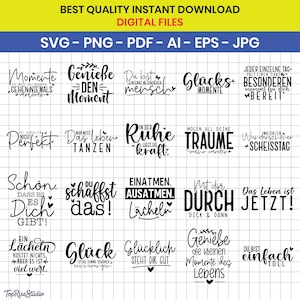 Puede incluir: Un gráfico de descarga digital con varias citas inspiradoras en escritura negra. Las frases incluyen "Disfruta el momento", "Eres especial" y "La vida es ahora". La imagen también muestra formatos de archivo: SVG, PNG, PDF, AI, EPS y JPG.