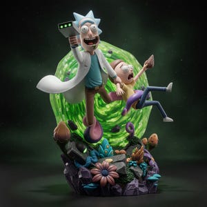 May include: A detailed figurine of Rick and Morty jumping through a glowing green portal. Rick wears a white lab coat and holds a gray portal gun, while Morty appears startled. The base features purple rocks, colorful alien flora, and a dark stone.