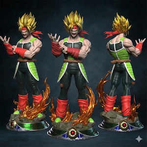 May include: A detailed figurine of a muscular character with spiky golden hair, a red headband, and a green and black outfit. The figure is posed dynamically, standing on a base with flames and decorative elements. The overall design is highly detailed.