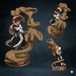 May include: A set of four detailed figurines of a character with red hair, wearing a brown and black outfit, and carrying a large bag. The figures are set against a dark blue background and are surrounded by a tan, swirling, sand-like structure. The base of each figure has the word "NARUTO" printed on it.