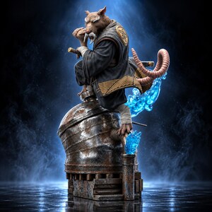 May include: A detailed figurine of an anthropomorphic rat warrior with white whiskers, wearing a black robe with gold trim, crouching on a rusted metal container. The figure features a long tail and blue translucent energy effects at the base.