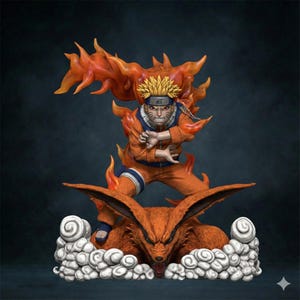 May include: A detailed figurine of a character from the Naruto anime series. The figure is in a dynamic pose, with orange flames emanating from the back. The character is standing on top of a large, orange fox with white cloud-like accents.