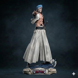 May include: A detailed figurine of a character with blue hair and a skeletal face, wearing a white outfit and holding out a hand. The figure stands on a base with the text "BLEACH" and a stylized design. The overall aesthetic is dynamic and detailed.
