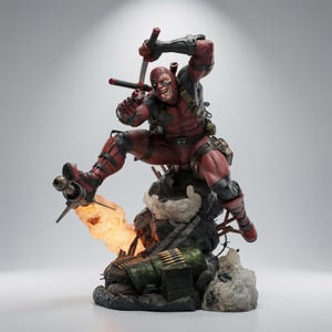 Può includere: Una dettagliata action figure di un personaggio in costume rosso e nero, che salta sopra una base rocciosa con una cassa di munizioni verde. Il personaggio impugna una spada e una pistola, con un effetto fiamma arancione su uno stivale.