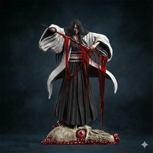 May include: A detailed figurine of a character from the anime Bleach. The figure is dressed in a black and white outfit, holding a sword with red liquid dripping from it. The figure stands on a skull base with a red eye.