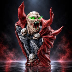 Puede incluir: Un busto detallado de una criatura con piel pálida y cicatrizada, boca abierta con dientes afilados y ojos verde brillante. Lleva una capa roja fluida, una pieza pectoral oscura y texturizada con cadenas metálicas y tres calaveras blancas.