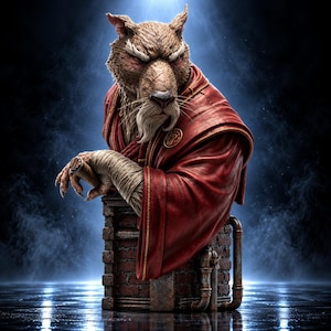 May include: A detailed bust of an anthropomorphic rat character with brown fur, wearing a deep red robe with gold trim. The figure has bandaged forearms, a scarred forehead, and white whiskers, positioned atop a weathered brick pedestal with pipes.