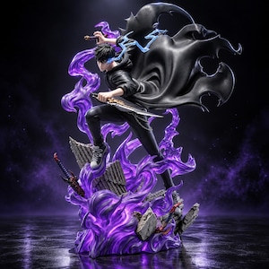 May include: A dynamic anime-style figurine of a character with black hair, wearing a black hoodie and pants, holding a dagger. The figure is surrounded by swirling purple energy effects and a flowing black cape, standing on a base of stone rubble.