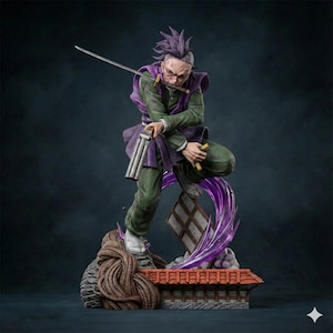 Puede incluir: Figura detallada de un personaje en pose dinámica, vestido con atuendo verde y morado, sosteniendo una espada en la boca y un arma en las manos. La figura se encuentra sobre una base detallada con un techo y efectos de energía morada.