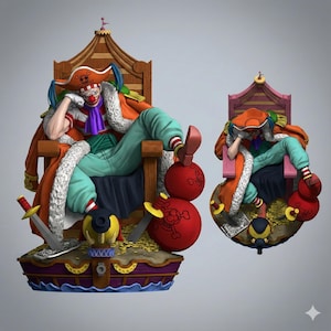 May include: A detailed figurine of a clown character seated on a throne. The figure wears an orange coat, teal pants, and a pirate hat. The throne is on a ship-shaped base with red cannonball-like objects and gold coins.