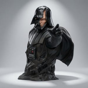 Può includere: Un busto dettagliato di una figura in armatura nera con un elmo danneggiato che rivela un volto umano pallido sottostante. La figura indossa un mantello nero e un pannello di controllo sul petto con pulsanti rossi e argento, mano tesa in avanti.
