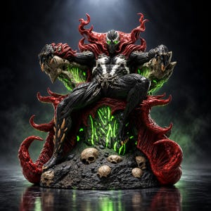 Puede incluir: Una figura de acción detallada de Spawn sentada en un trono hecho de roca y zarcillos rojos orgánicos. El personaje presenta un traje negro con marcas blancas en el pecho, ojos verdes brillantes y garras afiladas. La base incluye varios cráneos.