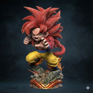 May include: A detailed figurine of a character with spiky red hair, wearing a red and blue top and yellow pants. The figure is in a dynamic pose, standing on a rocky base with flames. The character has an intense expression.