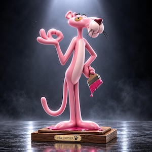 Puede incluir: Una figura de la Pantera Rosa sobre una base de madera con una placa que dice Pink Panther. El personaje es de color rosa claro con el pecho blanco, sostiene un pincel que gotea pintura rosa y hace un gesto de ok con la otra mano.