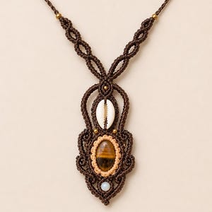 Tiger's Eye and Cauri Shell Macrame Necklace – Handmade Tribal Boho Pendant, Women's Artisan Jewelry, Natural Stone