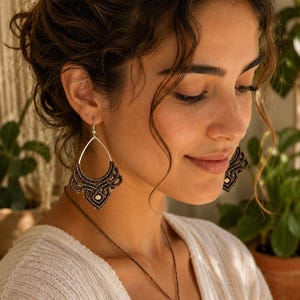 Intricate macrame hoop earrings, Boho tribal statement dangle earrings, Dark brown hand knotted drop earrings with gold bead, Lillubiju