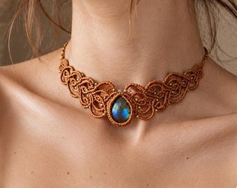 Labradorite Elven Tiara, Macrame Crown Choker, Gold Boho Bridal Headpiece, Flashy Blue Crystal Jewelry, Fairycore Goddess Gift for Her