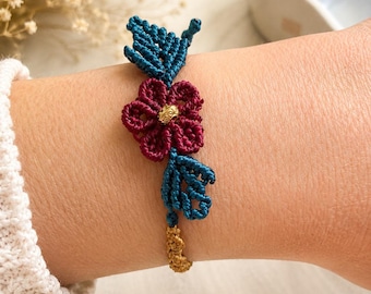 Micro Macrame Flower Bracelet, Teal Leaf Floral Cuff, Botanical Knotted Jewelry, Boho Chic Bracelet for Her, Nature Inspired Gift