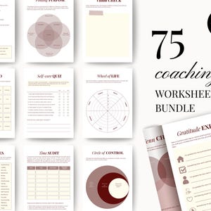 May include: A collection of 75 coaching worksheets featuring various templates including a Mindset Quiz, Finding Purpose Venn diagram, Values Bingo, Self-care Quiz, Wheel of Life, My Core Values list, Time Audit, and a Gratitude Exercise.