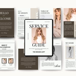 May include: A digital service guide template for The Brand Loft featuring multiple page layouts with neutral brown and white color schemes, serif typography, and photographic portraits of a person with long blonde hair throughout the documents.