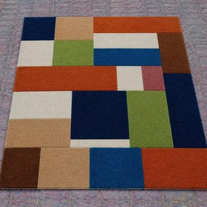Hand Tufted Wool Area Rug, Color Block Geometric Patchwork Carpet, Modern Living Room Decor