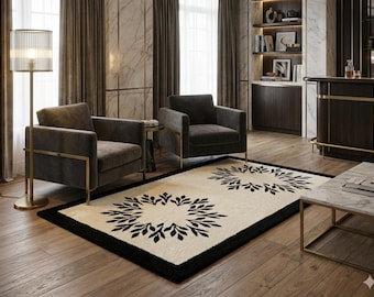 Black and White Floral  Rug – Modern Farmhouse Bedroom Carpet – Minimalist Botanical Hallway Area Rug