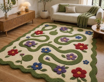 Alfombra floral estilo boho, alfombra de flores con formas orgánicas, decoración de salón estilo cottagecore, alfombra botánica colorida, alfombra de suelo suave y mullida que marca la diferencia.