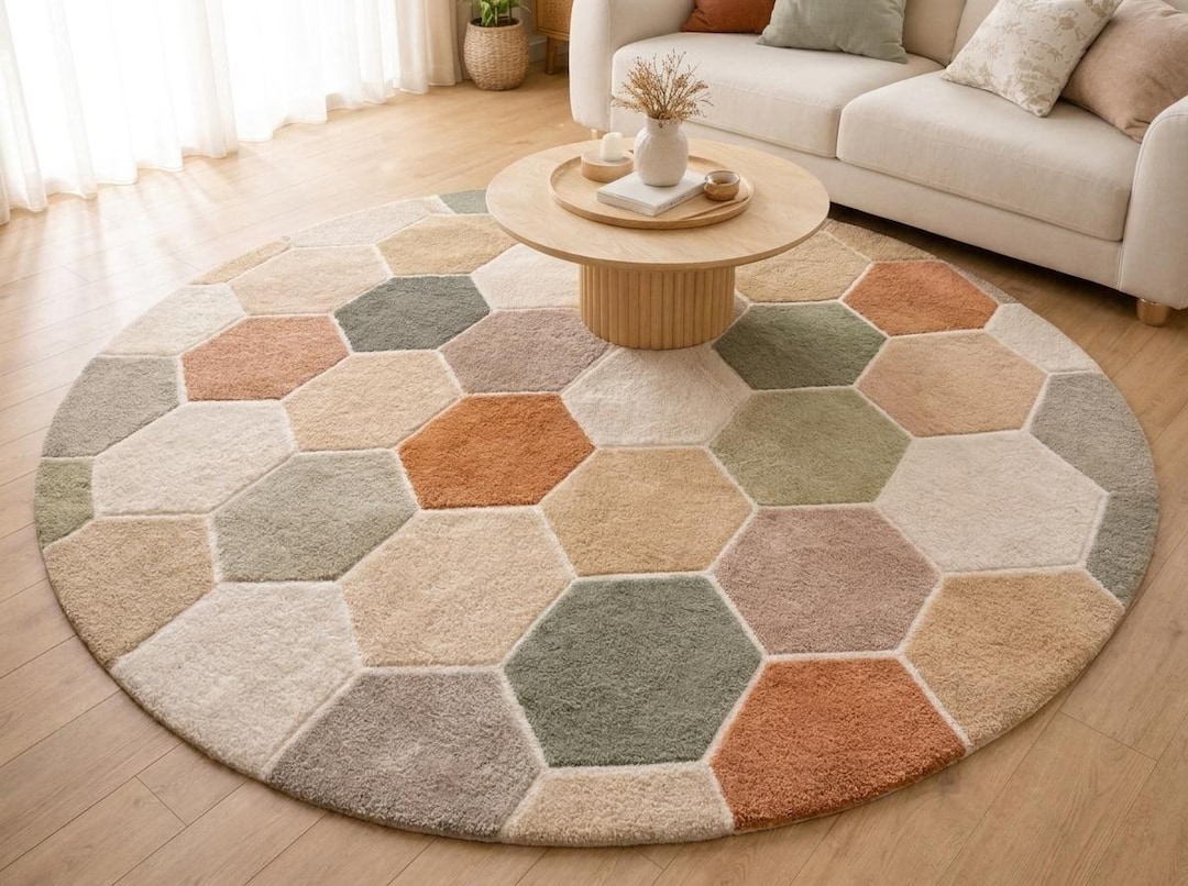 Hand Tufted Wool Round Rug – Geometric Hexagon Pattern, Boho Living ...