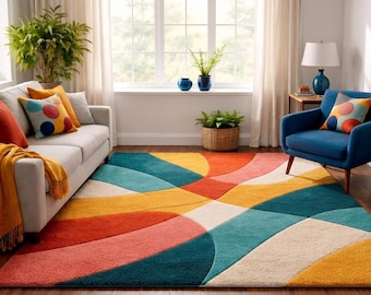 Handgetuft wollen vloerkleed – Kleurrijk geometrisch abstract boho-tapijt uit het midden van de eeuw
