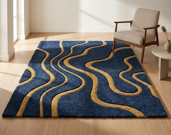 Alfombra azul marino con estampado de ondas y diseño abstracto – Alfombra decorativa para sala de estar