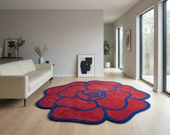 Alfombra con forma de flor roja – Alfombra llamativa con contorno azul intenso