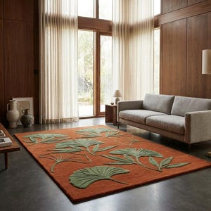Botanical Area Rug – Raised Leaf Pattern, Terracotta Sage Green Carpet