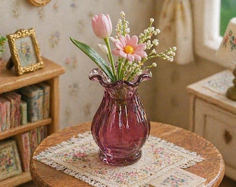 Jarrón de flores en miniatura para casa de muñecas 1:12, pequeño jarrón decorativo para mesa, flores para escena del hogar.