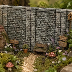 Peut inclure: Une scène de jardin miniature avec un mur en pierre grise, un banc en bois et un chemin de gravier. Des panneaux indiquent Elven Garden, Fairy Crossing et Toadstool Hollow. La scène comprend une petite porte en bois, des champignons.