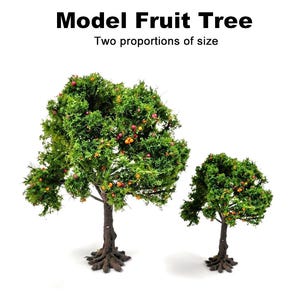 Peut inclure: Deux arbres fruitiers miniatures avec un feuillage vert et de petits fruits rouges et jaunes. Les arbres ont des troncs bruns et des systèmes racinaires. Le texte en haut indique "Model Fruit Tree" et "Two proportions of size."