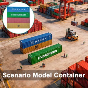 May include: A detailed image of a shipping port featuring several colorful shipping containers. The containers are blue, green, red, and yellow, with company names printed on them. A forklift and crane are also visible, along with the text "Scenario Model Container."