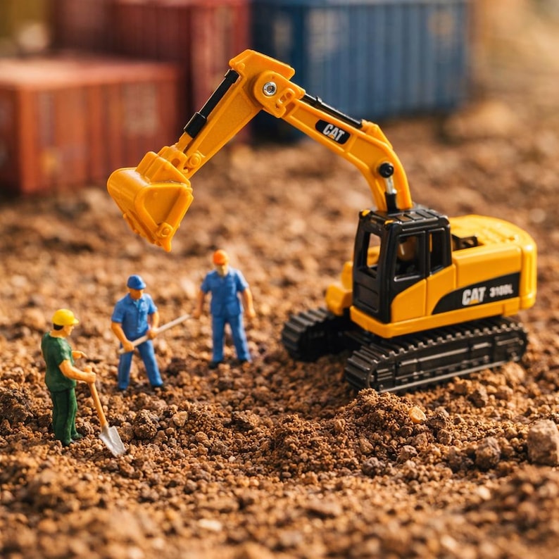 May include: A yellow and black CAT 310DL toy excavator with a raised bucket, and three miniature construction worker figurines. The excavator is on a brown surface, with a few shipping containers in the background.