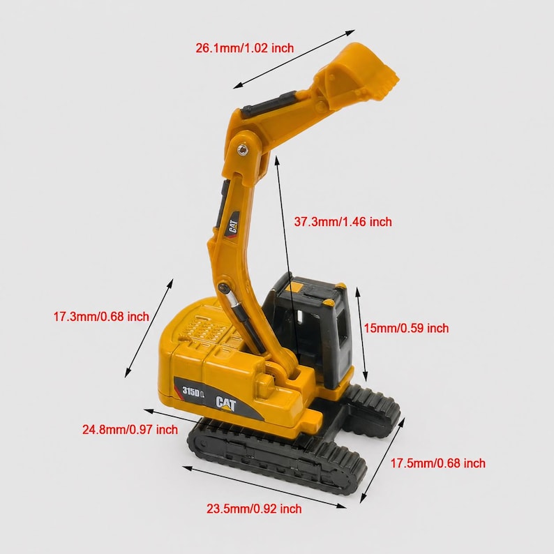 May include: A yellow and black toy excavator with the text "CAT" and "3150L" printed on the side. The excavator arm extends 1.46 inches. The base is 0.92 inches wide and 0.97 inches long. The cab is 0.59 inches tall.