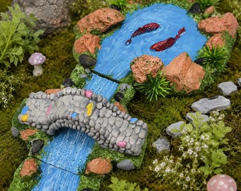 DIY Mini Resin River Landscape Set Stone Bridge Pond Diorama Garden Scenery