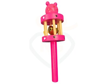 Sonajero de madera con forma de oso rosa para bebé – Juguete sensorial Montessori, regalo para baby shower