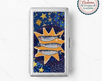 Sigarettenetui met sterrenmotief, artistiek metalen sigarettenetui, vintage etui in de vorm van een vis, handgemaakt sigarettenetui, cadeau voor rokers. Kaarthouder
