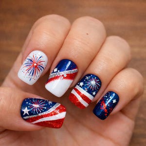 May include: A hand with five nails painted with a patriotic theme. The nails feature designs of fireworks, stars, and stripes in red, white, and blue. Some nails have glitter accents, creating a festive and celebratory look.