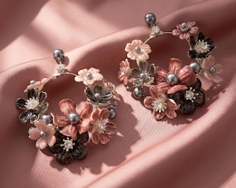 Luxury Pink Black Flower Hoop Earrings, Statement Resin Floral Drop Dangle, Faux Pearl Rhinestone Earrings for Wedding Evening Party