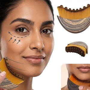 May include: A woman's face with arrows indicating areas for a beauty tool. The tool is a curved brush with a brown bristle section and a gray and brown patterned handle. Additional images of the brush are also shown.