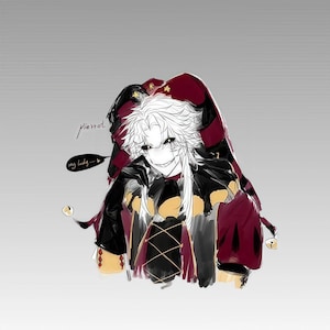 Puede incluir: Ilustración de un personaje con un disfraz de bufón. El personaje tiene cabello blanco, un sombrero negro y rojo y un atuendo negro y dorado. El personaje sonríe con una amplia sonrisa. El texto de la imagen dice "Pierrot" y "my lady..."