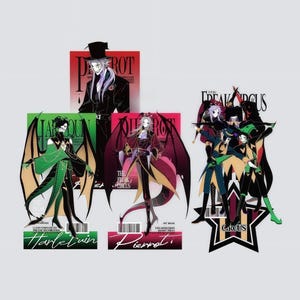 Puede incluir: Una colección de figuras de personajes de estilo anime. Las figuras presentan ilustraciones de personajes con trajes teatrales, con los textos "DEROT", "THE FREAK CIRCUS", "Harbetuin", "Piernoti" y "CREUS". La paleta de colores incluye rojo, verde, negro y blanco.