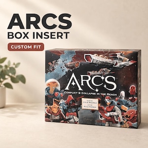 May include: A rectangular board game box for Arcs: Conflict & Collapse in the Reach. The box features dark, detailed science fiction artwork with various characters and spaceships. The title Arcs is printed in white, with credits for Cole Wehrle and Kyle Ferrin.
