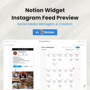 Peut inclure: Capture d'écran d'un widget Notion pour aperçus de flux Instagram. L'interface comprend une vue de profil, une grille de publications Instagram et une vue calendrier. Le texte indique "Notion Widget Instagram Feed Preview" et "Social Media Managers & Creators."