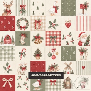 Può includere: Un design digitale per tessuto che presenta una griglia di illustrazioni a tema natalizio, tra cui un cervo, un'oca, Babbo Natale, un fienile, una pecora, una cassetta delle lettere, regali, campane, ornamenti, bastoncini di zucchero, alberi, agrifoglio e fiocchi nei colori rosso, verde e crema.